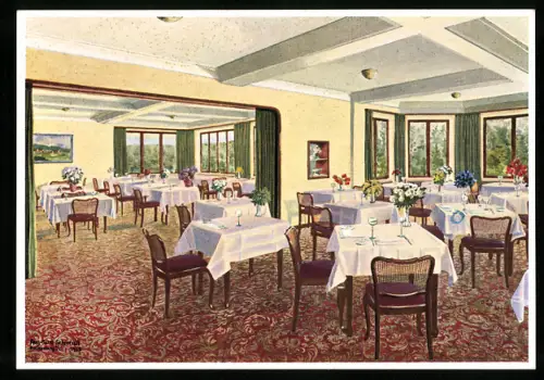 AK Bad Kissingen, Hotel Hoffmann, Speisesaal mit Ausblick auf den Hotelpark und den Staffelsberg