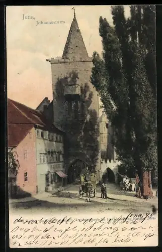 AK Jena, Strassenpartie am Johannesturm mit Geschäft