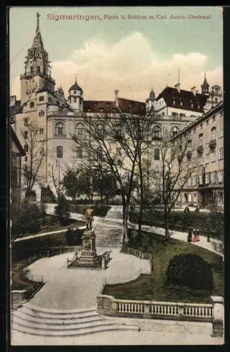 AK Sigmaringen, Partie beim Schloss mit Carl Anton-Denkmal