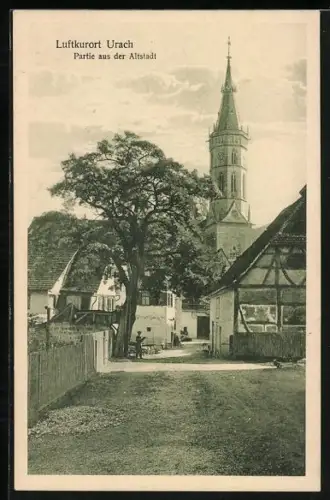 AK Urach, Partie aus der Altstadt mit Turmspitze