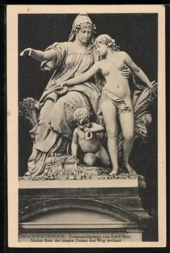 AK Donaueschingen, Donauquellgruppe Mutter Baar der jungen Donau den Weg weisend