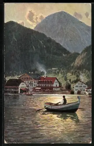 AK Walchensee, Blick auf Ort und Mann im Boot