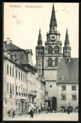 AK Ansbach, Strasse am Martin-Luther-Platz mit Gumbertuskirche und Geschäften