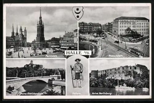 AK Halle a. S., Marktplatz, Riebeckplatz, Ruine Giebichenstein, Ruine Moritzburg