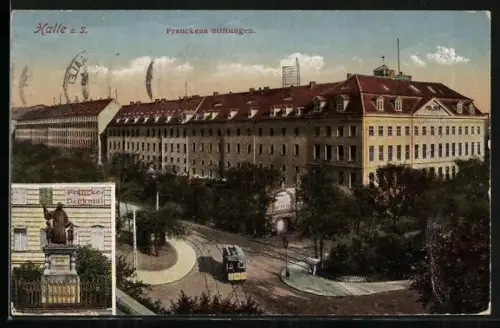 AK Halle a. S., Franckesche Stiftungen, Francke-Denkmal, Strassenbahn