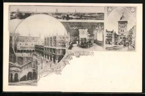 AK Lübeck, Rathaus, Holstentor, Stadtansichten