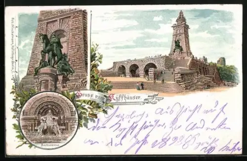Lithographie Kyffhäuser, Kyffhäuserdenkmal, Barbarossa