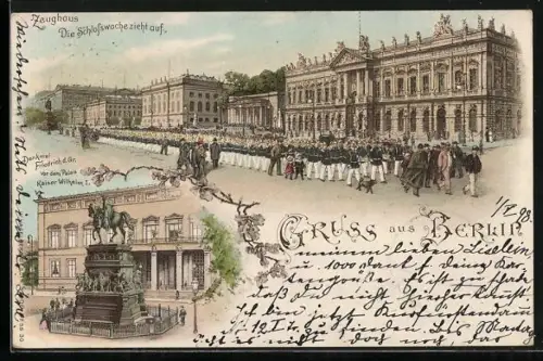 Lithographie Berlin, Zeughaus, Schlosswache, Denkmal Friedrich des Grossen vor dem Palais Kaiser Wilhelm I