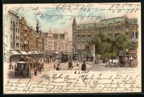 Lithographie Berlin, Spittelmarkt mit Pferdebahn