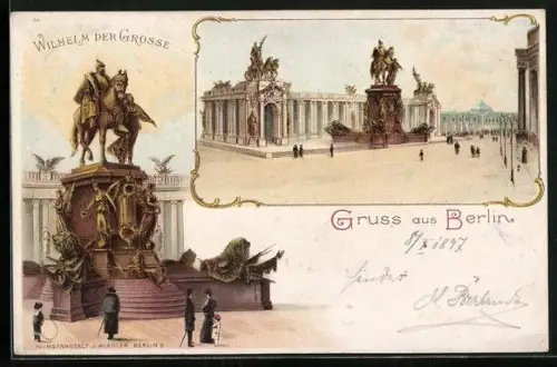 Lithographie Berlin, Reiterstandbild Wilhelm der Grosse, Nationaldenkmal
