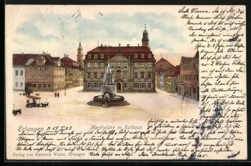 Lithographie Erlangen, Marktplatz mit Rathaus und Brunnen