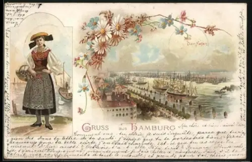 Lithographie Hamburg, Der Hafen, Frau in Tracht