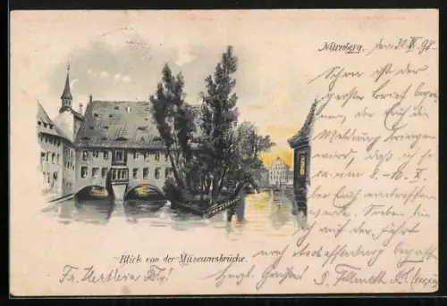 Lithographie Nürnberg, Blick von der Museumsbrücke