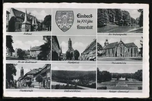AK Einbeck, Rathaus, Marktplatz, Münsterkirche, Waldschlösschen, Krieger-Ehrenmal