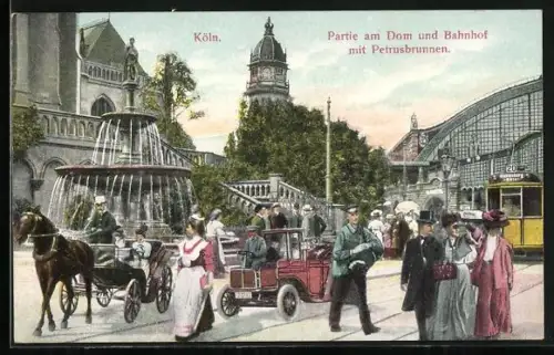 AK Köln, Partie am Dom und Bahnhof, Petrusbrunnen