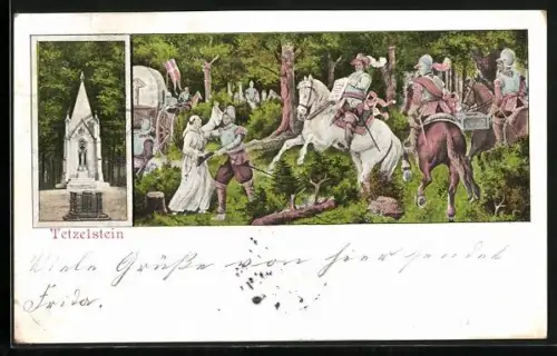 Lithographie Tetzelstein, Denkmal, Historische Szene im Wald