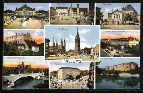 AK Halle a. S., Marktplatz, Hauptbahnhof, Stadttheater, Dom, Moritzburg