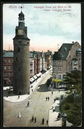 AK Halle a.S., Leipziger Turm und Blick in die Obere Leipziger Strasse