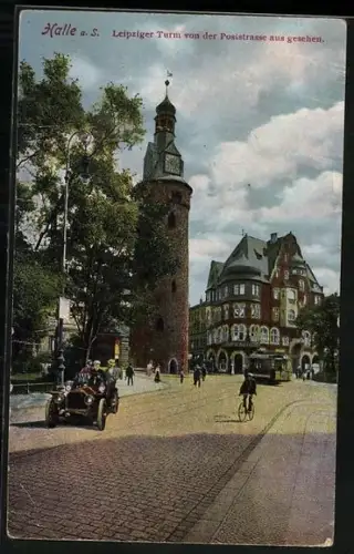AK Halle / Saale, Leipziger Turm von der Poststrasse aus gesehen, Strassenbahn, Radfahrer