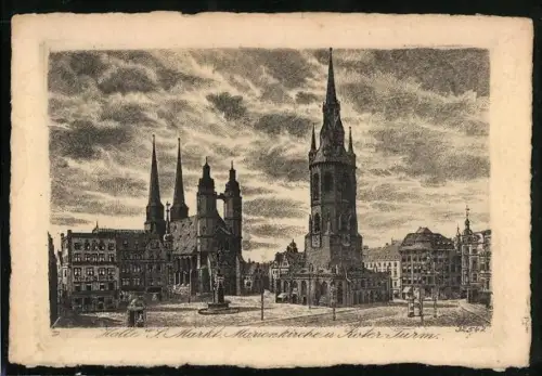 Künstler-AK Halle a. S., Markt, Marienkirche und Roter Turm