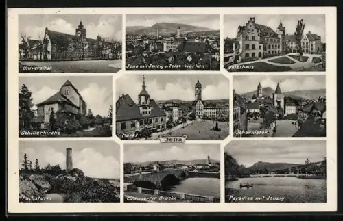 AK Jena, Jenzig u. Zeiss-Werke, Camsdorfer Brücke, Schillerkirche, Universität, Markt, Fuchsturm, Paradies, Volkshaus