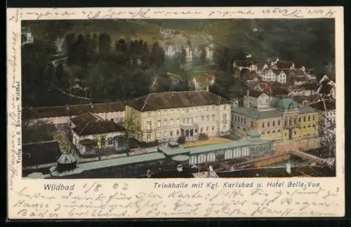 AK Wildbad / Schwarzwald, Tinkhalle mit Königlichem Karlsbad und Hotel Belle-Vue