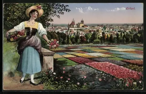 AK Erfurt, Ortsansicht mit Blumenverkäuferin