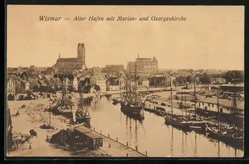 AK Wismar, Alter Hafen mit Marien- und Georgenkirche, Schiffe im Hafen