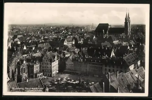 AK Nürnberg, Hauptmarkt und Lorenzkirche aus der Vogelschau
