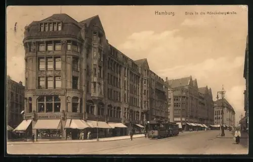 AK Hamburg, Mönckebergstrasse mit Geschäften und Strassenbahn