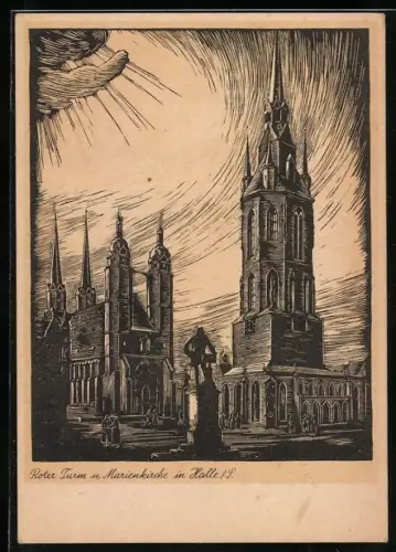 Künstler-AK Halle /Saale, Roter Turm, Marienkirche