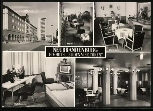 AK Neubrandenburg, HO-Hotel Zu den Vier Toren, Foyer, Klubraum, Hotelzimmer, Bar