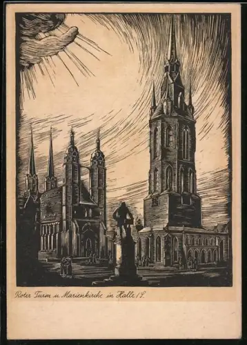 Künstler-AK Halle /Saale, Roter Turm, Marienkirche