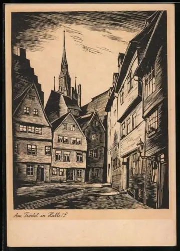 Künstler-AK Halle /Saale, Am Trödel, Fachwerkhäuser, Kirche