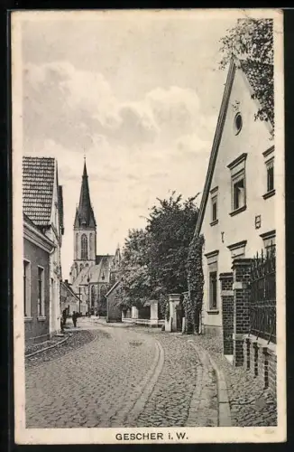 AK Gescher i. W., Strassenpartie mit Blick auf die Kirche