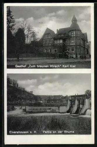 AK Elvershausen a. H., Gasthof Zum Braunen Hirsch von Karl Kiel, Partie an der Rhume