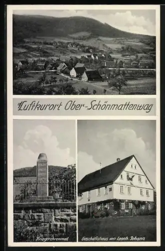 AK Ober-Schönmattenwag, Kriegerehrenmal, Geschäftshaus von Leonh. Johann, Ortsansicht aus der Vogelschau