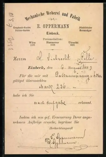 AK Einbeck, Mechanische Weberei und Fabrik E. Oppermann, Korrespondenz-Karte
