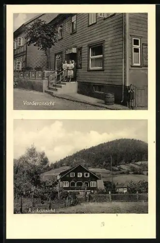 AK Sieber i. Harz, Dörings Gasthaus und Schlachterei Zur Linde, Vorderansicht und Rückansicht