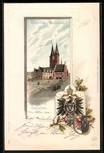 Passepartout-Lithographie Stendal, Blick zum Marktplatz