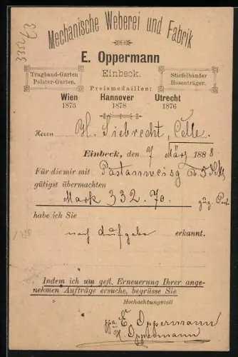 AK Einbeck, Mechanische Weberei und Fabrik E. Oppermann, Korrespondenz-Karte