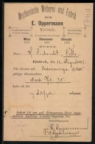 AK Einbeck, Mechanische Weberei und Fabrik E. Oppermann, Korrespondenz-Karte
