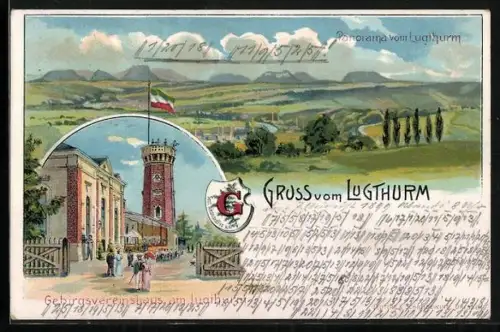 Lithographie Dresden-Niedersedlitz, Gebirgsvereinshaus mit Aussichtsturm Lugturm, Panoramablick