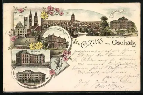 Lithographie Oschatz, Kaiserliche Post, Realschule, Königl. Seminar, Markt, Bürgerschule