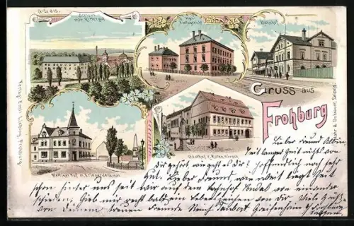 Lithographie Frohburg, Schloss mit Rittergut, Kgl. Amtsgericht, Gasthaus zum Roten Hirsch, Bahnhof