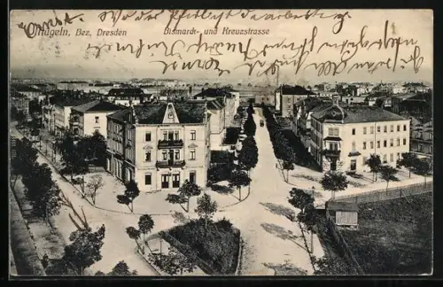 AK Mügeln /Dresden, Bismarck- und Kreuzstrasse aus der Vogelschau