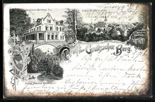 Künstler-AK Groitzsch / Sa., Ortsansicht vom Berge aus, Restaurant zur Wiprechtsburg