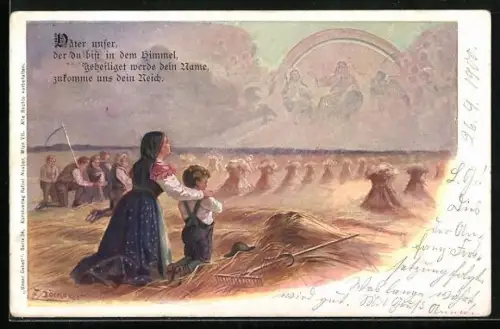 Künstler-AK E. Döcker: Bauern knien betend auf dem Feld, Schemenhafte Menschen in den Wolken