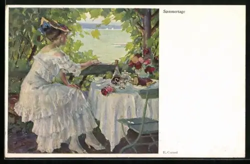 Künstler-AK Edward Cucuel: Sommertage, junge Frau guckt auf den See hinaus