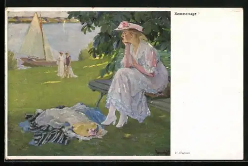 Künstler-AK sign.: E. Cucuel: Sommertage, Frau auf der Bank, Segler